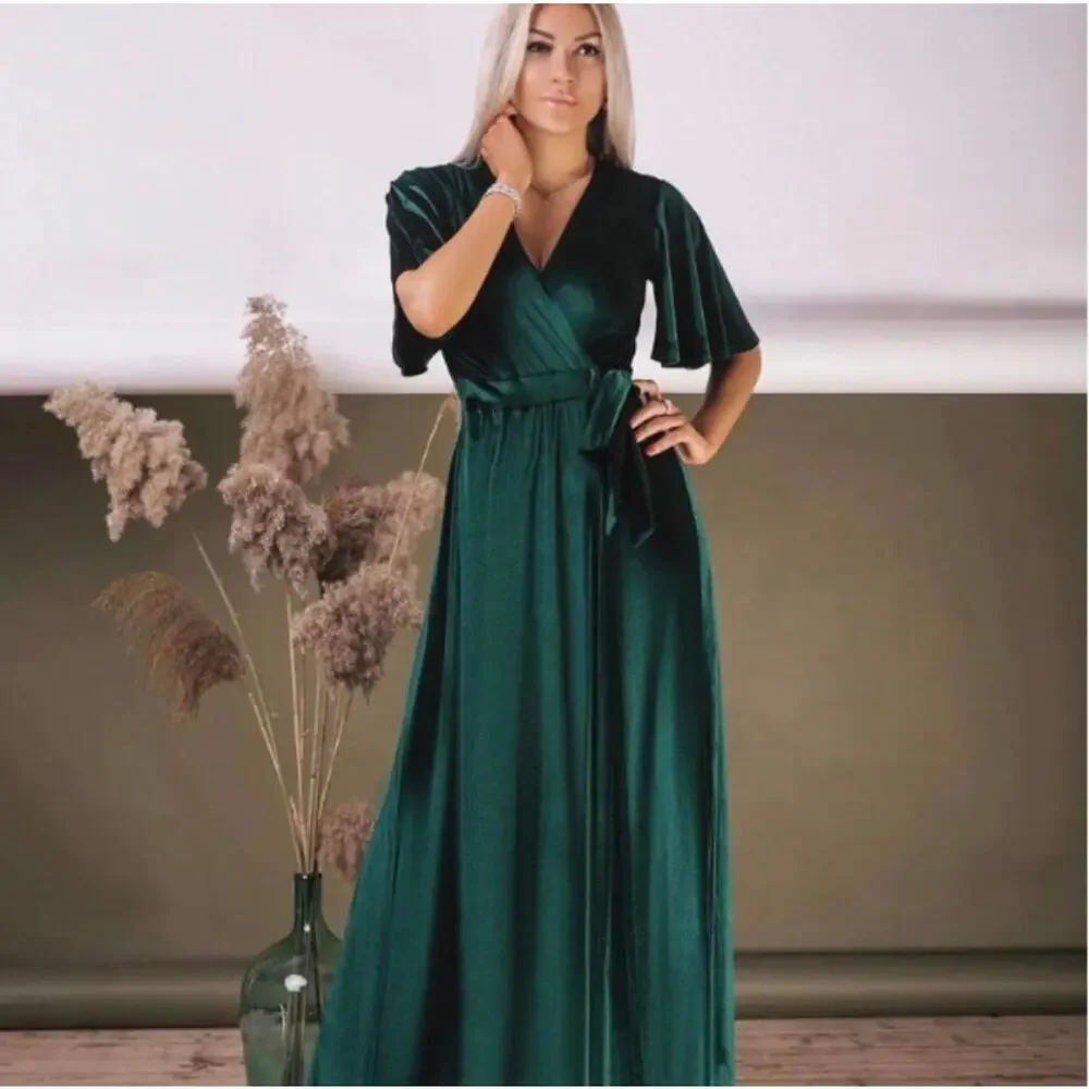 Velvet Wrap Dress Mia Dream Design Size S Maxi Wedding Evening Taupe Brown NEW